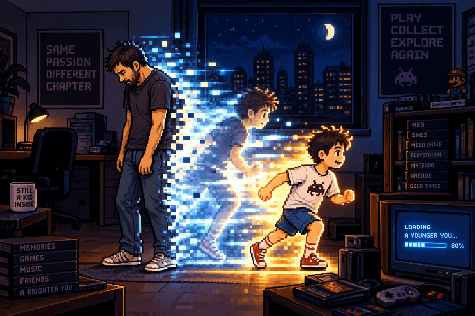 A grown-up gamer becoming a kid again in a bedroom full of consoles