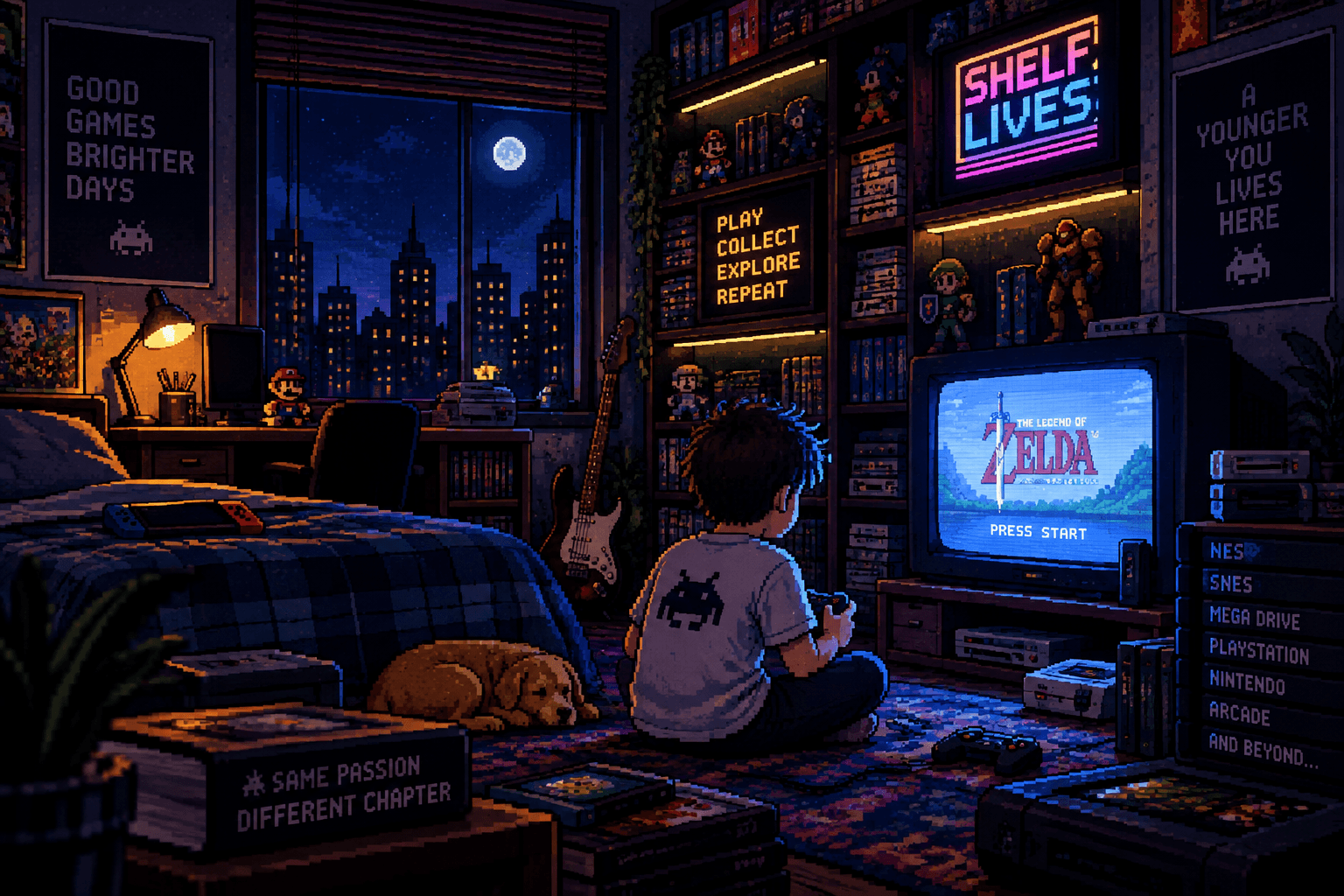 A cosy pixel-art bedroom at night: a shelf of game boxes, a CRT television and a desk lamp.