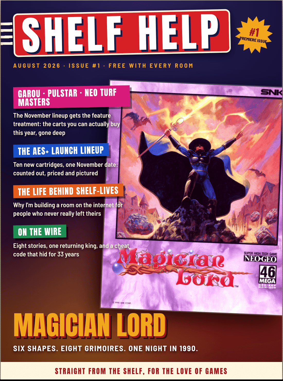 Shelf Help magazine, issue #1, August 2026, featuring Magician Lord